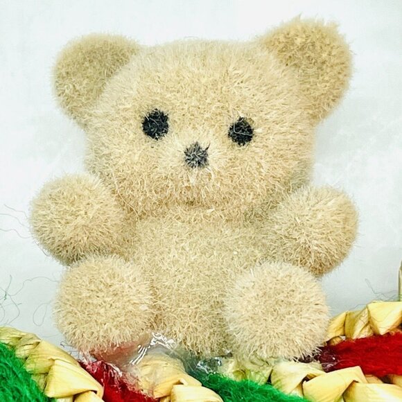 Vintage Christmas Ornament Straw Wreath With Teddy Bear Green & Red Wool Strings - Picture 2 of 12